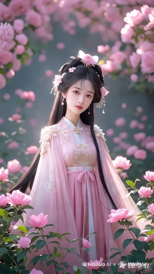 一位美丽的女子头戴花环，身穿轻盈长裙，在繁花似锦的花园中翩翩起舞。她的舞姿柔美流畅，裙摆和长发随风飘动，阳光透过树叶洒在她身上，形成斑驳的光影。花园中开满各种颜色的花朵，地面散落着花瓣，远处隐约可见古典凉亭或喷泉。整体画面唯美浪漫，充满诗意与梦幻感，仿佛置身于童话般的 by Hailuo AI Video Generator