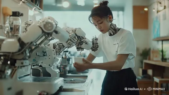 画面中是一个赛博改造后的亚裔女孩，她的颈部是裸漏的机器原件，她穿着一件白色短袖，黑色运动裤，扎着丸子头，前面有些刘海，她正端着一个白色的咖啡杯，站在一台带有机械臂的咖啡机前接咖啡，背景是咖啡店巨大的落地窗，室外是阴天，光线比较柔和。现在让这台带有机械臂的精密咖啡机动起来，女生盯着手中的咖啡杯，热气腾腾的咖啡从咖啡机的小口流出，她脖子上精密的机械元件像变形金刚变形是一样精密的转动，氛围继续保持这种真实感。[左移,推进,右摇] by Hailuo AI Video Generator