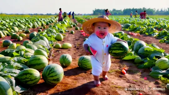 真实摄影，镜头慢慢拉远，远景，在一个西瓜田地里，有一个可爱的中国男婴儿，飞快地奔跑着，他穿着白色连体服，戴着有点偏大的草帽，草帽随着中国婴儿的奔跑在不停地转动，脸颊圆嘟嘟的，皮肤白里透红，表情开心且兴奋，手里抱着半个大西瓜，西瓜汁顺着他的嘴角流下来，身上沾满了西瓜籽和西瓜瓤，狼狈不堪。田地里西瓜藤蔓纵横交错，一个个圆滚滚的西瓜躺在地上。背景远处有一群人忙着采摘西瓜。两个穿着漂亮服饰小孩（一个男孩、一个女孩）和两只小狗（一只白色、一只黄色）在小婴儿的后面追赶小婴儿。背景清晰，无虚化效果，所有元素均精细呈现，逼真的场景，中午太阳光照强烈，色彩艳丽饱和度高，明暗对比极强烈，8K，全景，超高细节。 by Hailuo AI Video Generator