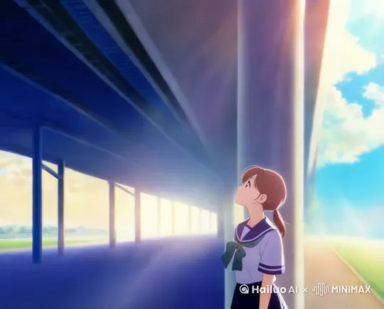 “高架橋を抜けたら 雲の隙間に青が覗いた”
内容描述：女主穿着整洁的校服，扎着清爽的马尾，步行穿过校园外的高架桥。穿过桥洞后，她停下脚步，微微仰头，目光望向天空，云朵缝隙间湛蓝的天空映入她澄澈的眼眸，阳光洒在她脸上，勾勒出她柔和的轮廓。
景别描述：中景，展现女主与高架桥、天空的整体画面。
SD 描述词：High - school - style girl in neat school uniform with a ponytail；Standing under the viaduct after walking through；Looking up at the sky；Blue sky peeking through cloud gaps；Sunlight shining on her face, creating a soft outline；A bright and fresh campus - adjacent scene[右移,左摇,跟随] by Hailuo AI Video Generator
