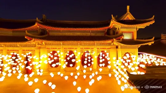 夜晚元宵灯会  古建筑群   灯火辉煌[推进,上升] by Hailuo AI Video Generator