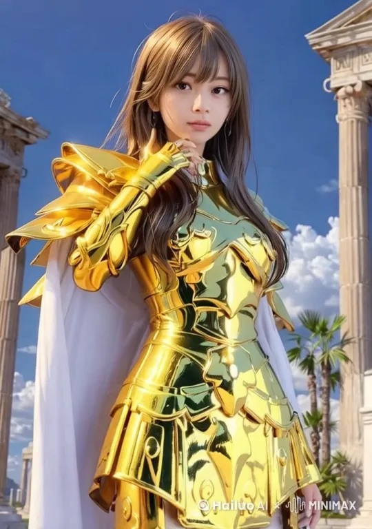 女圣斗士微笑着，抬起右手洒出金光 by Hailuo AI Video Generator
