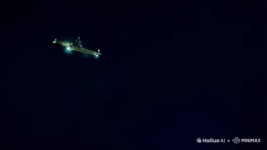在漆黑冰冷空无一物的高空，[下降]有一个竹排飞行，竹排上有一个古装长发男子[拉远]竹排发着微光[下摇,变焦拉远] by Hailuo AI Video Generator
