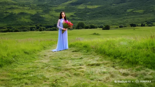 一位长发飘飘，身穿长裙的中国女子，手持鲜花，在风景如画的草原上向我们走来[推出,上升,下摇] by Hailuo AI Video Generator