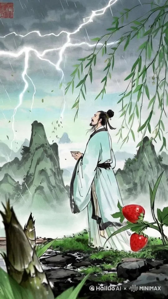 [水墨氤氲的远山淡影] 春雷裂云而下，墨色柳枝抽新芽，  
[中心留白处] 古典衣袍者立于青石上捧茶远眺，  
[前景特写] 嫩笋破土、草莓缀露于苔石间， by Hailuo AI Video Generator
