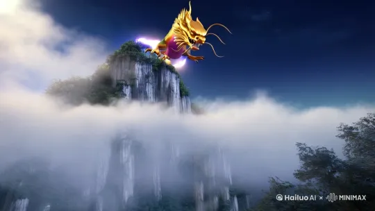 "史诗级镜头，中国水墨画风格开篇，云雾缭绕的山巅，一条金色巨龙缓缓抬头，龙须随风舞动，鳞片折射出七彩光芒；镜头拉远，展现巨龙从山脉中腾空而起，云层翻涌雷电交织，背景传来低沉龙吟与鼓乐；切换至地面视角，古代庆典人群仰望天空，舞龙队伍穿梭在挂满红灯笼的街道，祈愿者放飞千盏孔明灯；巨龙与灯群交融，画面渐变为绚丽的3D粒子特效，龙身化作星河，最后抬头瞬间迸发金色光芒，篆书‘风调雨顺’浮现。中国风交响乐渐强，画面定格于龙目如日月般凝视众生。" by Hailuo AI Video Generator
