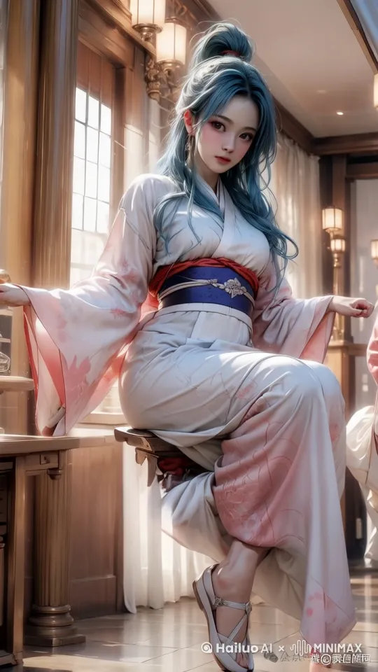超现实照片级真实感，8k分辨率渲染，服装布料需展示基于物理的模拟褶皱，动态姿势需符合生物力学原理，展现肱二头肌收缩状态与跟腱拉伸状态。镜头慢慢向右移，跟随女孩，图中女孩从座椅上站到地面，动作丝滑的用两手比个小心心。随后侧头打了个响指，身上的衣服缓缓变为女仆装，突出变装细节，旋转运镜，过渡丝滑，自然流畅。考虑空气阻力对长发飘动的影响系数0.87，镜头跟随，慢慢推进聚焦女孩脸部，女孩嘴角上扬。还有只真实的小鸟也从窗外跟着飞起来，严禁比例失调，塑料化，卡通质感。 by Hailuo AI Video Generator
