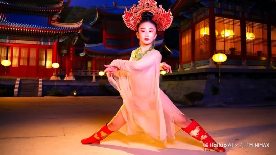 高清，大师制作，全身入境，上下留白，28岁，亚洲女性，漏斗型身材，肌肤莹润，脸如满月，眼如水杏，唇不点而红，眉不画而翠，头梳牡丹髻，戴赤金累丝嵌红宝石凤冠，配八宝翡翠珍珠璎珞，身穿性感轻薄长袖舞蹈纱裙，足穿掐金挖云红香羊皮小靴。正在跳舞，背景为迷人宫庭夜景 by Hailuo AI Video Generator
