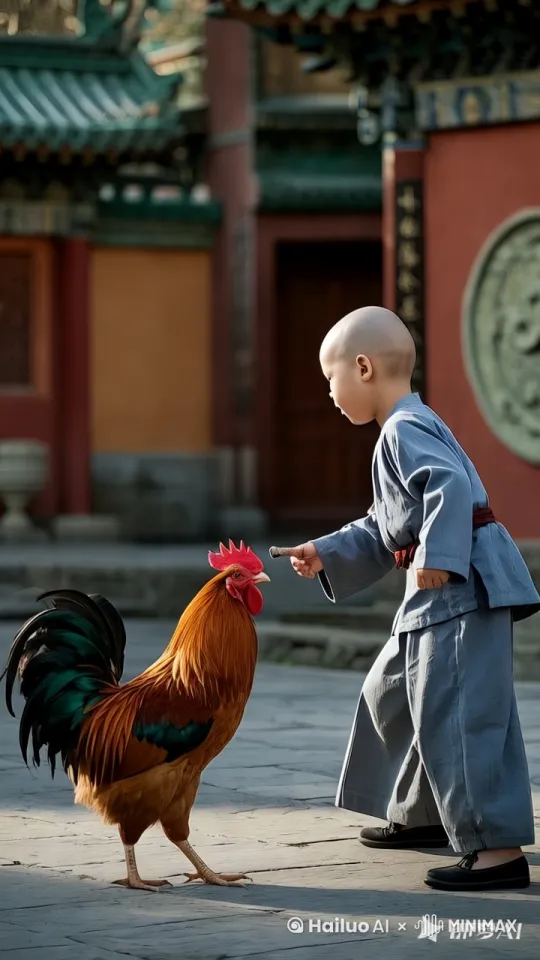 让公鸡和小孩跳起来对打，小男孩左一拳右一脚，公鸡扇着翅膀跳起来和小孩对打，，打的非常激烈，动作丝滑，行运流水 by Hailuo AI Video Generator