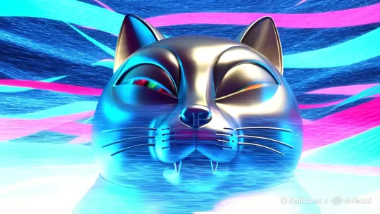 "未来主义青铜御猫像在数据洪流中苏醒，机械猫瞳倒映着敦煌飞天的飘带与赛博朋克霓虹灯管" by Hailuo AI Video Generator