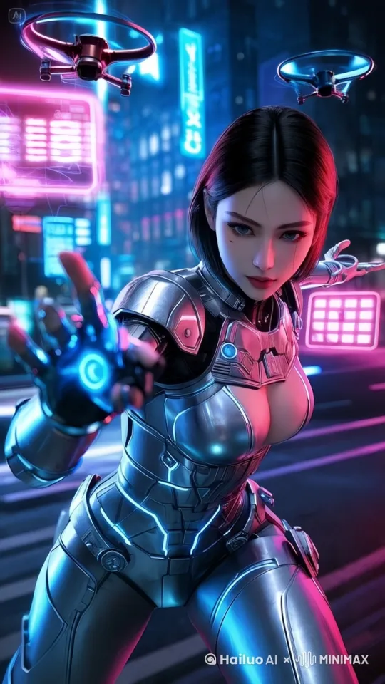 图片中的女人和无人机都动起来 by Hailuo AI Video Generator