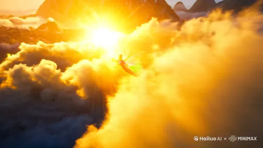 (((Best quality))), (ultra HD 8K), (60fps cinematic smooth), dynamic angle,  
A graceful celestial fairy in (vibrant pink and green Tang suit) with (flowing seven-color ribbons), soaring through (layered volumetric clouds),  
(dramatic multi-angle transitions: drone view, bird's-eye perspective, close-up of flowing sleeves),  
(golden sunlight piercing through clouds with volumetric rays), (sparkling stardust particles),  
(misty Chinese mountain peaks in background), (ancient palace rooftops faintly visible),  
(fluid cloth simulation), (realistic cloud dynamics), (cinematic color grading),  
(epic fantasy atmosphere), Unreal Engine 5 rendering, Octane render, --ar 16:9 --v 6.0 by Hailuo AI Video Generator