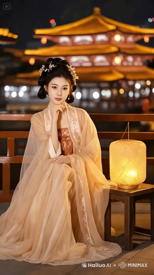 嘴角含笑，展现出温婉含蓄的美感，背景光影流动。 by Hailuo AI Video Generator