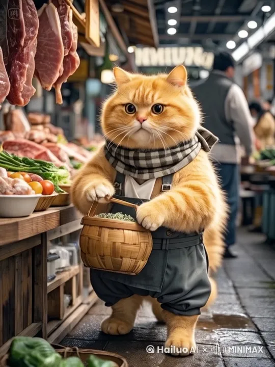 固定镜头，胖橘猫用手挑选肉，并把肉放在另外一只手的篮子里 by Hailuo AI Video Generator