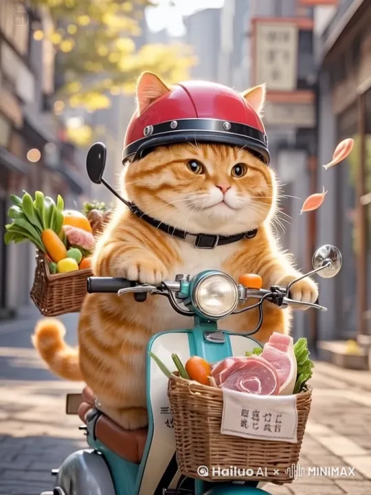 车辆运动镜头，橘猫一边骑车一边哼着小曲回家，偶尔还看看车筐里的菜和肉，看到新鲜的菜十分开心 by Hailuo AI Video Generator