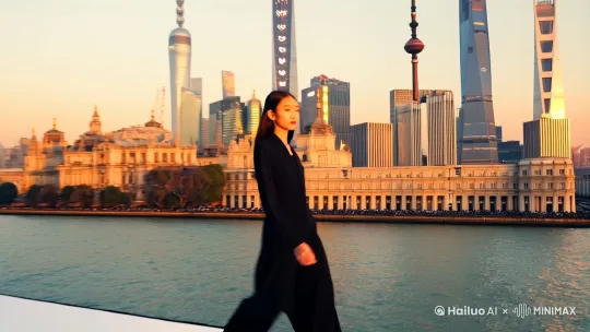 一个漂亮性感的少妇在走T台，背景是上海外滩的街景 by Hailuo AI Video Generator