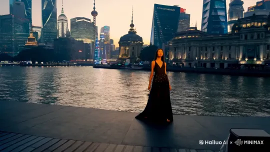 一个漂亮性感的少妇在走T台，背景是上海外滩的街景 by Hailuo AI Video Generator