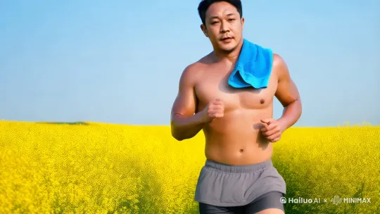 主角肩膀上搭着运动毛巾正好遮住强壮的胸肌，穿灰色短裤在油菜花田里奔跑 by Hailuo AI Video Generator