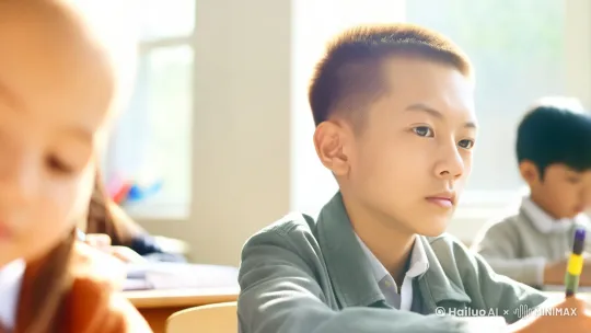 中国男孩，13岁，坐在班级的座位上，美的发光，有一缕光正好照在脸上，显得熠熠生辉，班级背景同学的杂乱虚化，凸显清新脱俗的美女同学 by Hailuo AI Video Generator