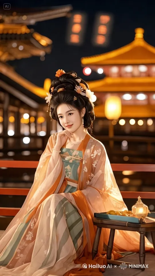 中国风数字绘画，一位穿着华丽汉服的女子静坐于木质栏杆旁，背景是灯火阑珊的古典建筑群，每一盏灯笼都散发着温暖的橙色光芒。女子面容姣好，头戴繁复的古代发饰，珍珠与金丝交织，熠熠生辉。她左手轻抚脸颊，眼神温柔地望向远方的湖面，那里波光粼粼，倒映着夜色与灯光，宛如一幅流动的水墨画卷。画面中，几颗星星点缀在深邃的夜空，增添了几分诗意。女子嘴角微翘，笑容含蓄，展现出东方女性特有的温婉与内敛。中景，平视角度，捕捉到女子与环境和谐共融的美好瞬间。 by Hailuo AI Video Generator