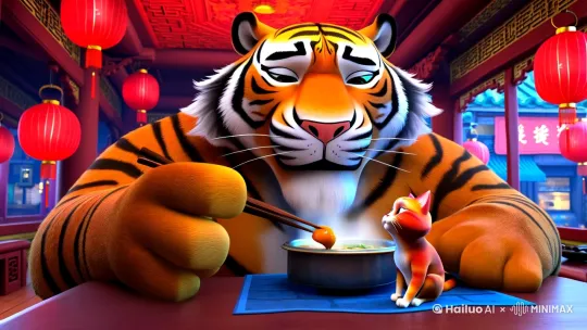 大老虎喂橘猫吃麻辣烫 by Hailuo AI Video Generator