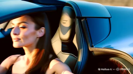 美女坐进跑车，手握方向盘[左摇,变焦推进]
跑车缓缓加速，越来越快[右移,左摇,跟随] by Hailuo AI Video Generator