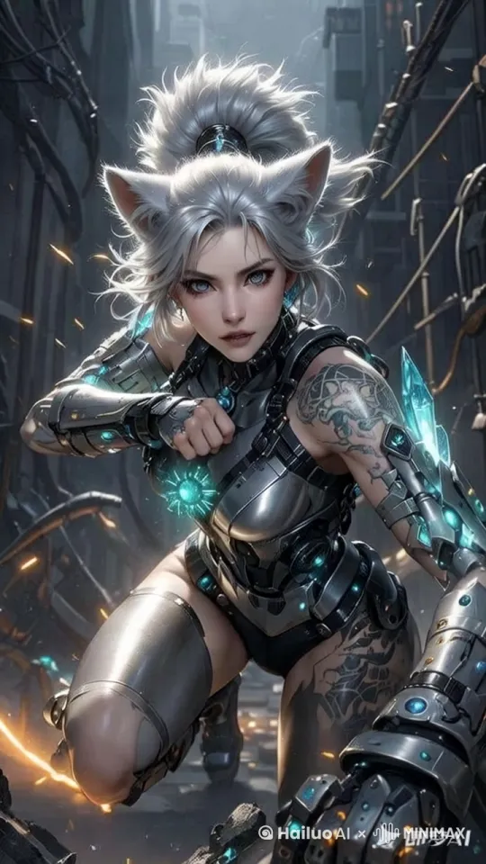 赛博朋克风格，画面聚焦银白兽耳女战士，身着金属质感战斗服，细节处泛着幽蓝冷光。女战士眼神锐利，做出蓄势出拳姿态。
 
当她挥拳瞬间，周围空气扭曲，激射出炫目光芒，如激光般四散，带出一连串波光粼粼特效，伴随强烈能量涌动特效和科技感炸裂音效。
 
背景为破败未来都市，闪烁的霓虹、冒火花的线路与战斗特效相互映衬，增强震撼氛围 。赛博朋克风格，画面聚焦银白兽耳女战士，身着金属质感战斗服，细节处泛着幽蓝冷光。女战士眼神锐利，做出蓄势出拳姿态。
 
当她挥拳瞬间，周围空气扭曲，激射出炫目光芒，如激光般四散，带出一连串波光粼粼特效，伴随强烈能量涌动特效和科技感炸裂音效。
 
背景为破败未来都市，闪烁的霓虹、冒火花的线路与战斗特效相互映衬，增强震撼氛围 。 by Hailuo AI Video Generator