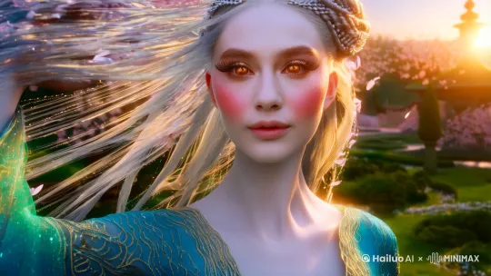 (8K resolution:1.5), (hyper detailed:1.3), (intricate textures), (cinematic lighting), "An ethereal beauty stands in a surreal garden, her features sculpted with divine symmetry. Her almond-shaped eyes glow with crystalline amber irises, framed by impossibly long lashes that cast delicate shadows on porcelain skin. The faint blush on her cheeks mimics crushed rose petals, blending into a softly parted lips glossed with liquid pearl."
(individually rendered hair strands:1.4), (silk micro-reflections:1.2), "Her waist-length hair cascades like molten moonlight, each strand refracting prismatic hues under celestial light. Flyaway hairs are visible at the crown, catching gold filaments from the sunset. A braided section near the temple reveals intricate weaving patterns."
(hair fluid dynamics simulation:1.3), (wind-blown tension maps), "Gentle winds lift sections of her hair in organic S-curves, exposing layered color gradients from platinum roots to iridescent silver ends. The tips dissolve into faint mist particles, blending with floating cherry blossoms."
(subsurface scattering:1.5), (nanoscale fabric weave:1.2), "Her gossamer gown shifts between jade and sapphire depending on viewing angle, embroidered with 0.1mm precision gold thread forming fractal patterns. The translucent sleeves reveal faint tracery of veins beneath her arms."
(ray-traced ambient occlusion:1.4), (volumetric god rays), "Sunlight pierces through crystalline trees, projecting rainbow caustics that dance across her hair. Each strand acts as a light waveguide, creating halo effects around her silhouette."
--ar 16:9 --quality 3 --style raw --chaos 20  
--testp (启用高清测试模式)  
--upbeta (强制8K超采样) by Hailuo AI Video Generator