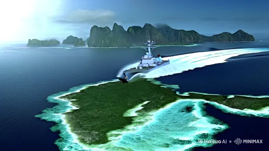 055大驱穿越岛链的卫星地图动画， 多舰编队形成钢铁洪流 ，与航母战斗群联动的全景镜头，巨浪冲击舰艏，舰体劈波斩浪，高速航行时尾流形成白色长痕，星空下的夜间巡航，舰灯与雷达扫描光束交织 by Hailuo AI Video Generator