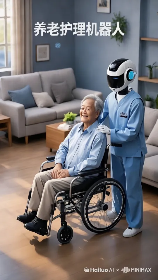 护理机器人推着老人走动 by Hailuo AI Video Generator