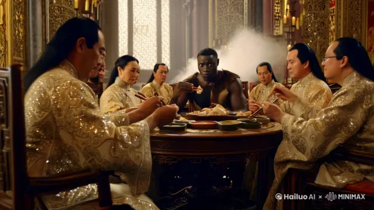 镜头缓缓推进，聚焦在一个古色古香的厅堂内。一张精致的圆桌旁，围坐着一群身着清朝官服的官员，他们的服饰华丽，补子上的图案在烛光下闪烁。官员们神情庄重，手中拿着筷子，正夹起盘中的白斩鸡，蘸着碟中的酱料，动作优雅而缓慢。在官员们中间，坐着一位非洲土著男子。他的皮肤黝黑，肌肉线条分明，身上穿着简单的兽皮服饰，与周围华丽的清朝官服形成鲜明对比。他的眼神中透露出好奇和专注，手中握着一根木制的餐具，正尝试着夹起一块鸡肉，动作略显笨拙，却显得格外认真。画面中，白斩鸡的热气在空气中升腾，与官员们的窃窃私语和非洲男子的轻声惊叹交织在一起。这一刻，文化的碰撞与融合在无声中悄然展开，而圆桌上的白斩鸡，仿佛成为了连接两个截然不同世界的桥梁。 by Hailuo AI Video Generator