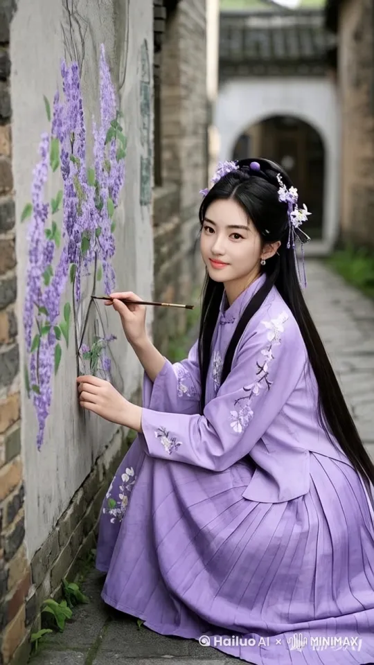 姑娘乌黑发亮稠密顺滑的及地超长发，姑娘正在梳理她的美丽大长发，发丝柔顺飘逸，香气袭人，在西藏雪山下草甸海子旁，穿淡黄衣蓝袍藏族服装，系腰带，微风吹动发丝和衣服，镜头渐渐右转，移动到姑娘的左侧面，姑娘莞尔一笑，眼睛闪烁着聪慧的光芒，似乎在说：我美吗？缓缓跟着镜头转头，又微微抬起，抚起过膝长发和梳柄，更加妩媚，动人心魄，景也在转，画面比例9:16 by Hailuo AI Video Generator