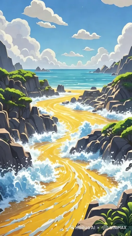 黄色河流奔腾流向远方，从下往上流动，远处与海洋交汇，水花四溅。 by Hailuo AI Video Generator