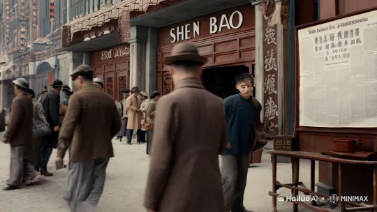 “1930年，一个浙江青年撕下《申报》上的一则宣言，卖掉裁缝铺，背上行囊，踏上了用双脚丈量世界的旅程[右移,左摇,跟随]。 by Hailuo AI Video Generator