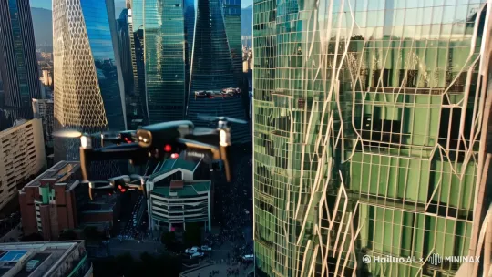 现代都市航拍视角，数驾无人机灵巧地在密集的高楼大厦间穿梭飞行。摩天大楼群拔地而起，玻璃幕墙反射着耀眼的阳光，形成错落有致的几何光影。街道上的车流如同细小的线条，行人点点，远山依稀可见。无人机以第一人称视角，高速掠过楼顶和狭窄的巷道，带来震撼的视觉冲击力。纪实摄影风格，快门捕捉瞬间动态，展现城市脉动与科技魅力。中远景，动感十足的追踪镜头。[左移,上升] by Hailuo AI Video Generator