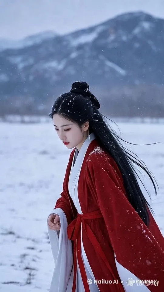 美女背影，[左移,推进,右摇]慢慢走在大雪纷飞的雪地中，空中雪花纷纷落下，天气昏暗，青灰色调，[右移,左摇,跟随]美女回头问：你见过雪飘人间吗？[推出,上升,下摇] by Hailuo AI Video Generator