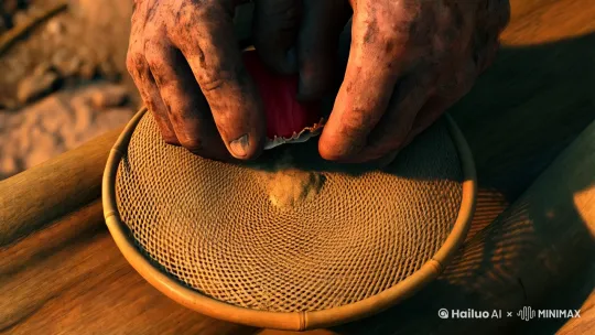做一段动漫，内容是:粗糙的手掌掰开花生壳，"咔嗒"脆响中两粒红衣花生仁滚落竹筛  花生仁在晨光中弹跳，红衣折射出丝绸般光泽  
从坚硬堡垒到袒露柔软/每道纹路都是大地的指纹 by Hailuo AI Video Generator