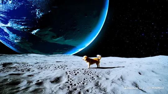 一只小狗在月球上走动 ，背景是地球跟繁星 by Hailuo AI Video Generator