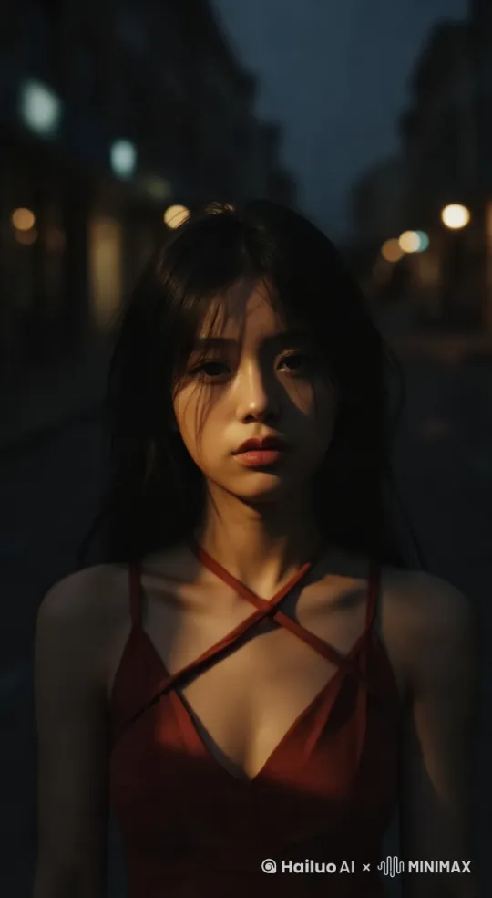 帮我生成一个视频：帮我生成一个视频：杰作，最佳品质，超级细节，电影级光照，超高分辨率，固定焦距，固定视角，真实的光影效果，头发有风吹动，发丝飞舞，神秘冷艳的气质尽显，人物会眨眼睛身体有呼吸时胸脯有真实起伏的动作，喘息的动作，人物保持原来动作，固定视角，摄影效果，高清画质，蓝光画质，真是的光效闪动冷色调背景营造神秘氛围，真实感，人物各种细节动作和真人一样，背景光斑闪烁，人物缓慢行走[下降,上摇] by Hailuo AI Video Generator