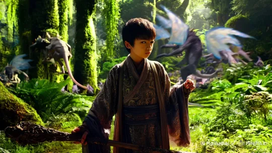 一个少年穿着汉服，在森林里面，目光锐利，手里拿着一个法杖，旁边的妖魔鬼怪四处逃离 by Hailuo AI Video Generator