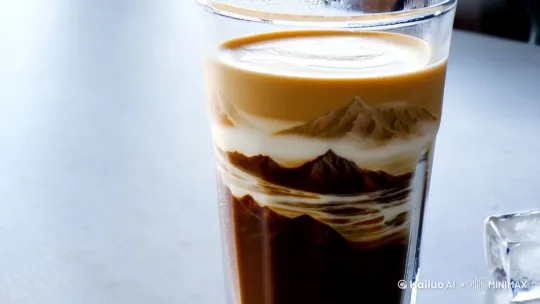 A stunning landscape--mountains, rivers, or clouds--appears inside an iced coffee glass. At first, it looks real, but it’s just the natural swirl of milk mixing with dark coffee, forming an accidental, fleeting scene. The glass is crystal clear, with ice floating on top and condensation forming on the sides. The milk moves organically, creating soft, fluid shapes that resemble valleys, peaks, or a dramatic sky. This landscape is not designed--just a perfect moment that happens for a second before fading away. by Hailuo AI Video Generator