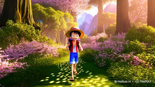 "Warm sunlight filters through dense foliage, creating dancing light spots on a forest path surrounded by pastel-colored vegetation. Luffy (from One Piece) walks centrally through the scene wearing his iconic straw hat, red vest, blue shorts, and sandals, with natural bouncy movements and a cheerful smile. The camera smoothly pulls back in a wide-angle shot, maintaining 3D-animated character at 1/3 frame height while revealing towering ancient trees and misty mountains in the background. Pixar-style 3D cartoon rendering with 8K ultraHD details, soft volumetric lighting, and ray-traced global illumination. Add morning mist particles, floating cherry blossoms, playful squirrels following, realistic cloth simulation on the backpack, hair swaying in breeze, and interactive light ripple effects on the path. Maintain cinematic 16:9 aspect ratio with smooth parallax scrolling depth." by Hailuo AI Video Generator