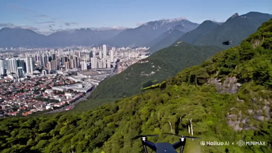 现代都市航拍视角，一群无人机灵巧地在山林间穿梭飞行。行人点点，远山依稀可见。无人机以第一人称视角，高速掠过树林，带来震撼的视觉冲击力。纪实摄影风格，快门捕捉瞬间动态，展现山林的原始风景与科技魅力。中远景，动感十足的追踪镜头。[推进,上升] by Hailuo AI Video Generator