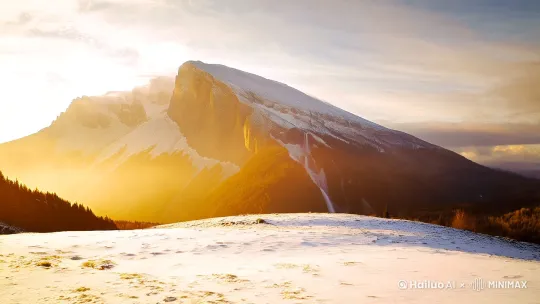 生成一段治愈系风景视频：  
- 场景：清晨的雪山脚下，阳光穿透云层，镜头缓慢上升展现被金色阳光覆盖的森林，远处有瀑布和彩虹。  
- 运镜：从地面仰视雪山开始，5秒后镜头向右平移，展示森林全景。  
- 风格：电影感暖色调，4K分辨率，画面柔和。  
30秒 by Hailuo AI Video Generator