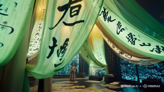:一个小小的人。浅绿色纱幔，写满毛笔字，写满毛笔字。毛笔字，报纸，满屏书法字，神秘氛围，巨大的纱幔飞舞飘逸，纱慢写满书法字，立体感，强烈的立体感，浅金色，白色，渐变，梦幻，意境。浪漫。飘逸，生物学发光体，仰视，浪漫古风。星汉灿烂，新工笔，宏大场面，震撼感，立体，3D by Hailuo AI Video Generator