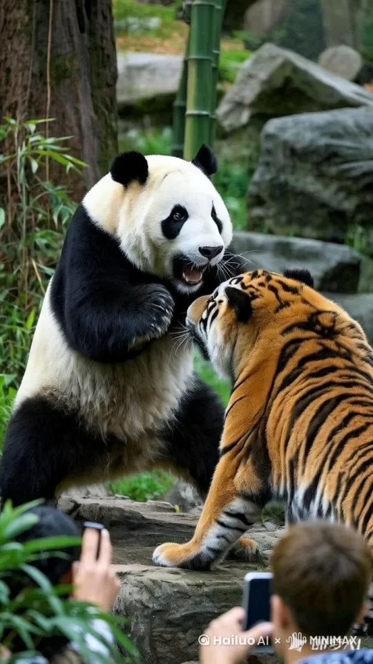 镜头移动，动态跟随，展现熊猫和老虎史诗般的激烈打斗场面，熊猫和老虎正在进行惊心动魄的中国功夫对决，左边的熊猫右脚轻点地面，身体如旋风般旋转，左腿高高抬起，以一记凌厉的侧踢攻向对手的头部，速度速快，右边的老虎一个前滚翻躲开，起身时双腿连环踢出，腿影重重，令人眼花缭乱。两人的招式变化无穷，身影在环境中快速移动，忽左忽右，地面灰尘四起，展现出中国功夫的博大精深。周围的人欢呼雀跃，拍手叫好。 by Hailuo AI Video Generator