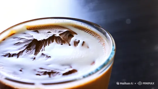 [左移,推进,右摇]A stunning landscape--mountains, rivers, or clouds--appears inside an iced coffee glass. At first, it looks real, but it’s just the natural swirl of milk mixing with dark coffee, forming an accidental, fleeting scene. The glass is crystal clear, with ice floating on top and condensation forming on the sides. The milk moves organically, creating soft, fluid shapes that resemble valleys, peaks, or a dramatic sky. This landscape is not designed--just a perfect moment that happens for a second before fading away. by Hailuo AI Video Generator