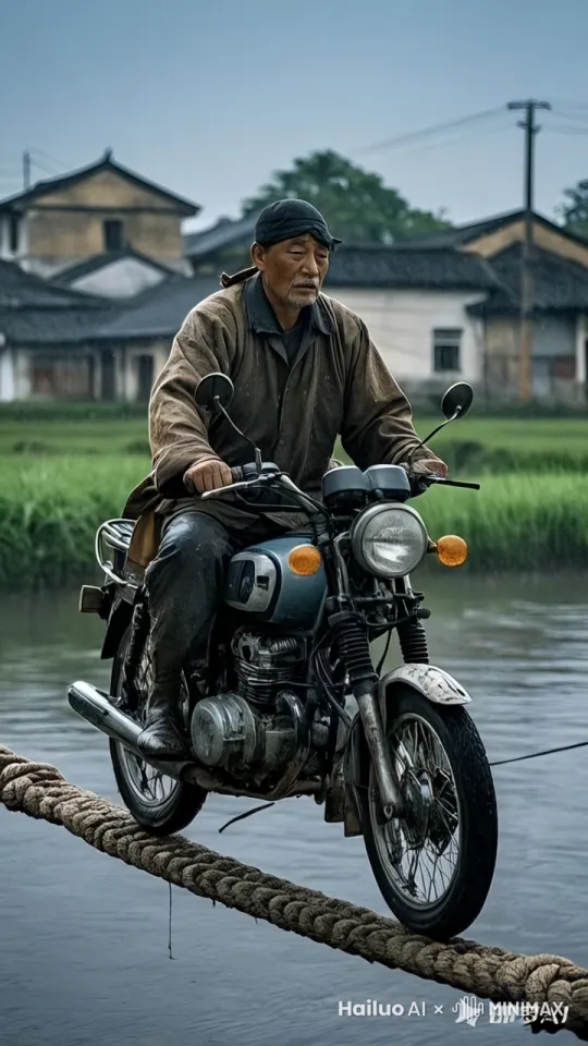 镜头移动，动态跟随，老人沿着绳索向前快速前进、疯狂驾驶，快速到达对岸。绳索左右摇晃 by Hailuo AI Video Generator