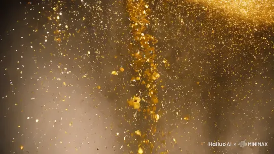 金色的钱币从天空源源不断的掉落，同时伴有金色的粉末，周围的背景是虚空的，钱币掉落在地上 by Hailuo AI Video Generator