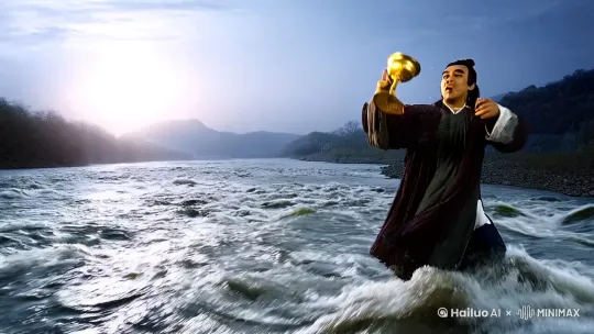 ‌场景1‌：黄河奔流 + 李白醉舞 + 金樽泼酒 + 水墨粒子 ‌‌[推进,上升]
‌场景2‌：三皇山月夜 + 高堂明镜 + 青丝化雪 + 古风屏风 ‌‌[右移,左摇,跟随]
‌场景3‌：平乐观宴饮 + 陈王挥袖 + 钟鼓馔玉 + 鎏金背景 ‌‌[左移,右摇,跟随] by Hailuo AI Video Generator